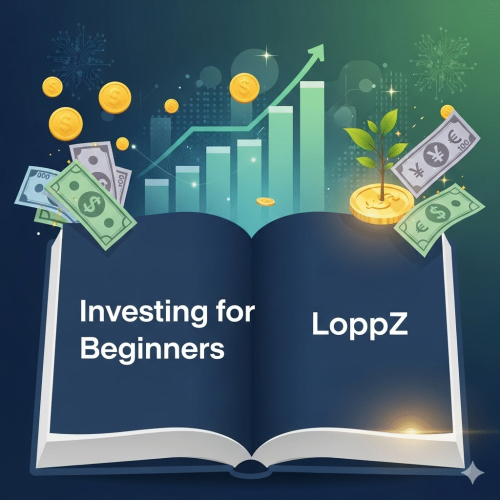 Illustrated thumbnail for a financial article titled "Investing for Beginners" with the LoppZ logo.