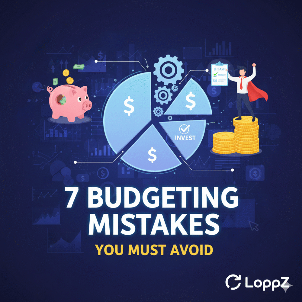 Infographic illustrating common budgeting mistakes with a pie chart, piggy bank, rising graphs, and a triumphant figure, titled "7 Budgeting Mistakes You Must Avoid" with the "LoppZ" logo.