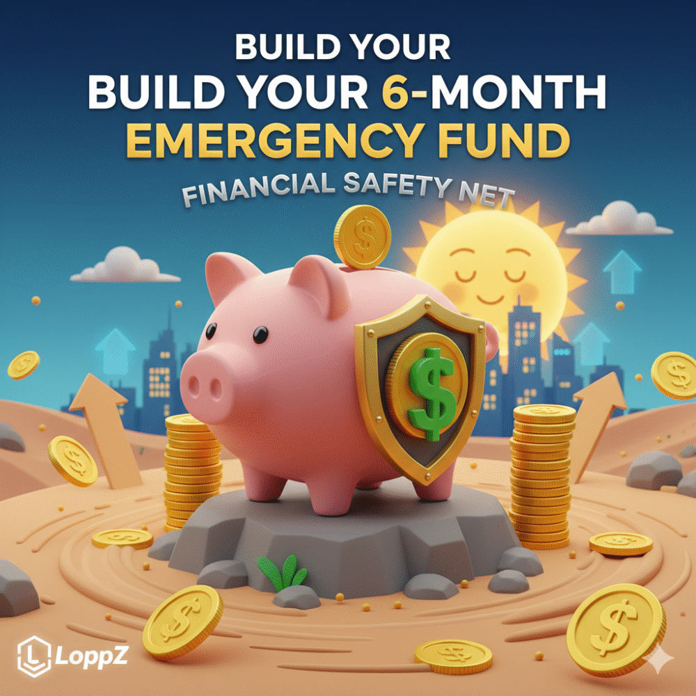 LoppZ: Build Your 6-Month Emergency Fund - Financial Safety Net with piggy bank, coins, and shield.