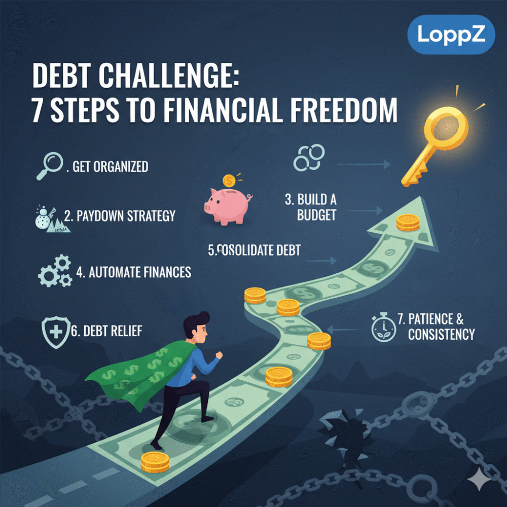 Man running on a money path towards a golden key, illustrating steps to overcome debt.