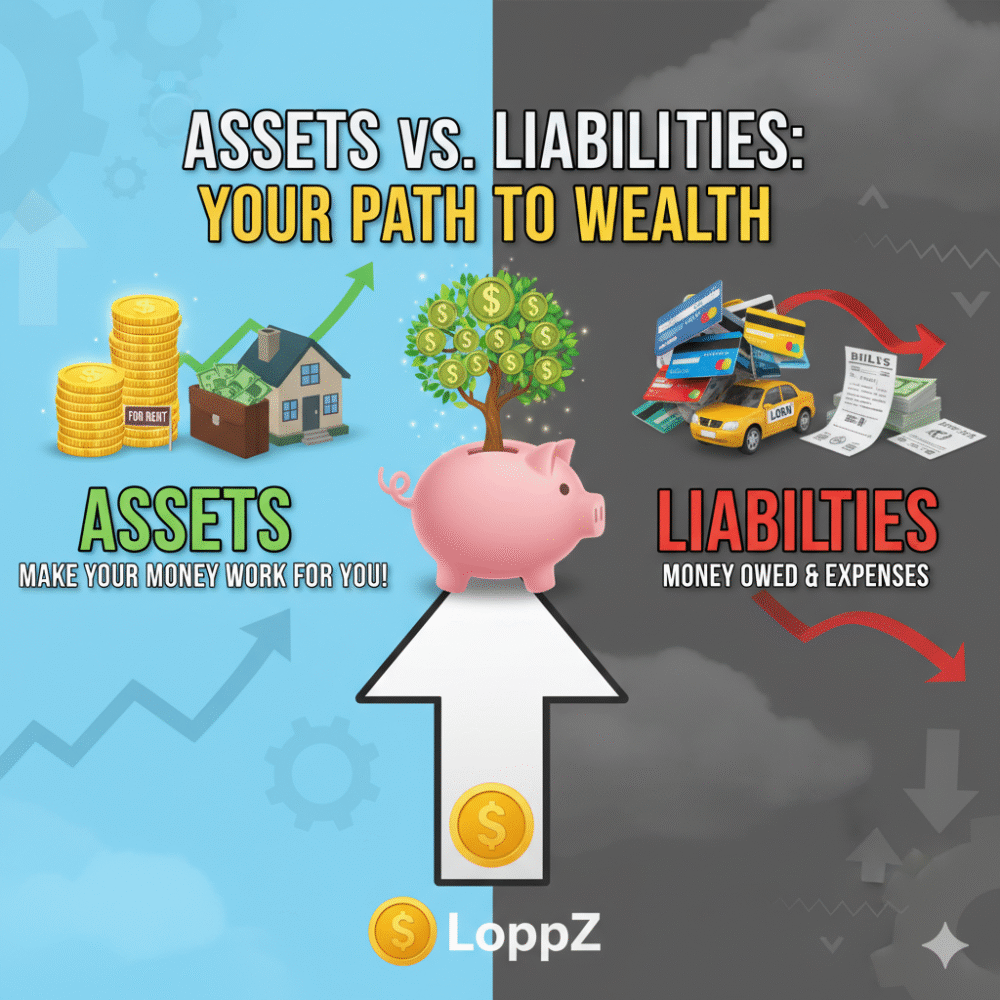 An animated image representing assets and liabilities with a clear visual distinction, emphasizing wealth growth and financial understanding. The brand "LoppZ" is prominently displayed.