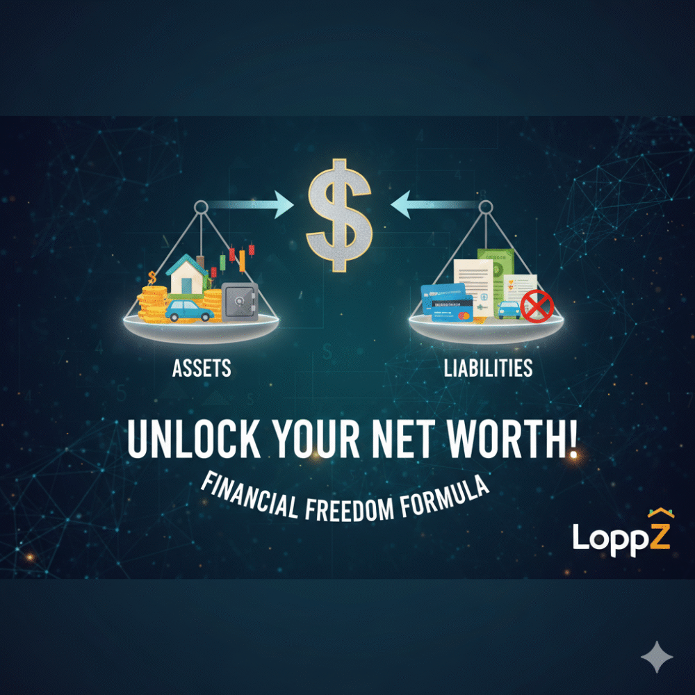 Scales balancing assets and liabilities with "Unlock Your Net Worth!" and "LoppZ" logo.