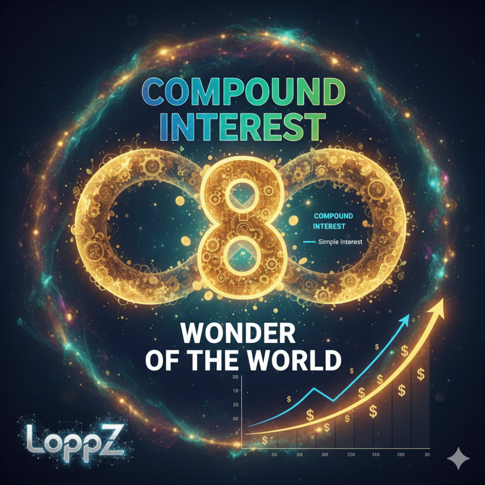 Compound Interest: 8th Wonder of the World" concept with glowing number 8, growth chart, and 'LoppZ' logo.