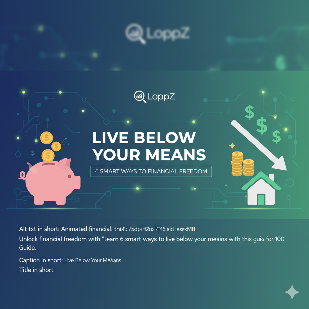 Animated financial guide for living below your means, with illustrations of a piggy bank, coins, a downward arrow indicating reduced spending, and a house, with the text "LIVE BELOW YOUR MEANS: 6 SMART WAYS TO FINANCIAL FREEDOM" and "LoppZ" branding.