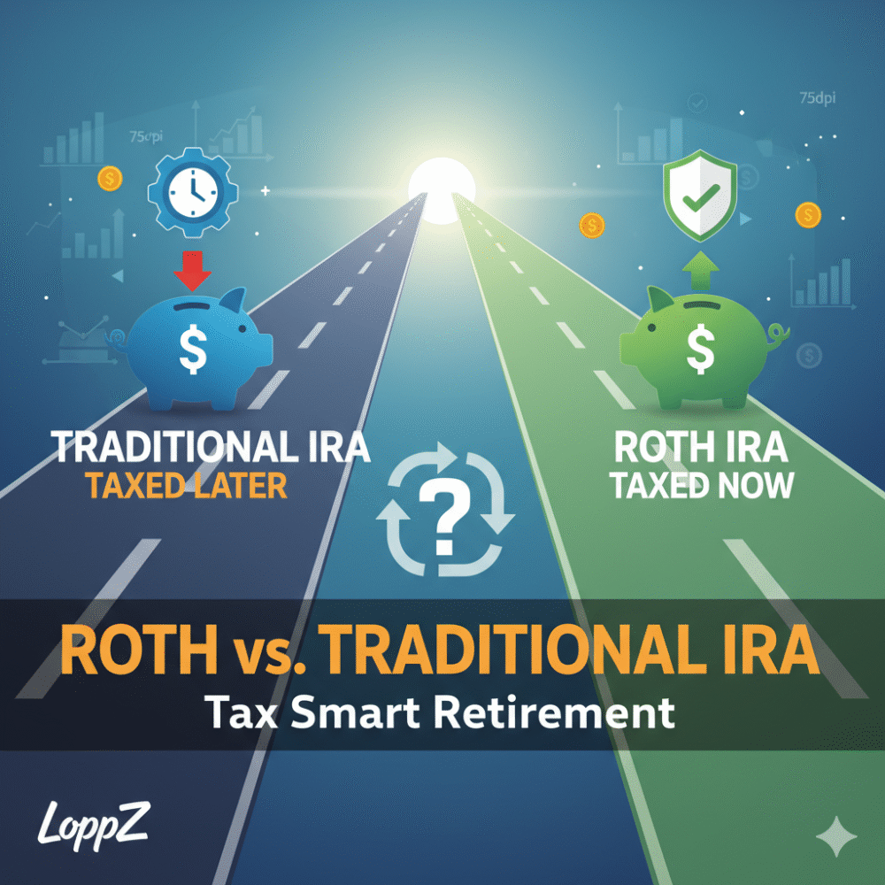 Animated graphic comparing Roth IRA (taxed now) and Traditional IRA (taxed later) with piggy banks, money symbols, and the text "LoppZ".