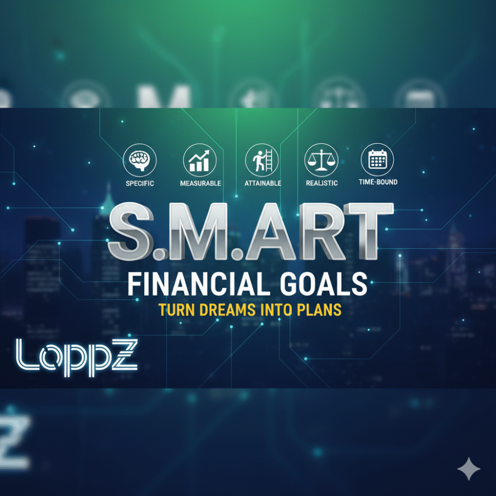 A dynamic image illustrating SMART Financial Goals with icons for Specific, Measurable, Attainable, Realistic, and Time-bound, against a futuristic city backdrop, featuring the "LoppZ" logo.