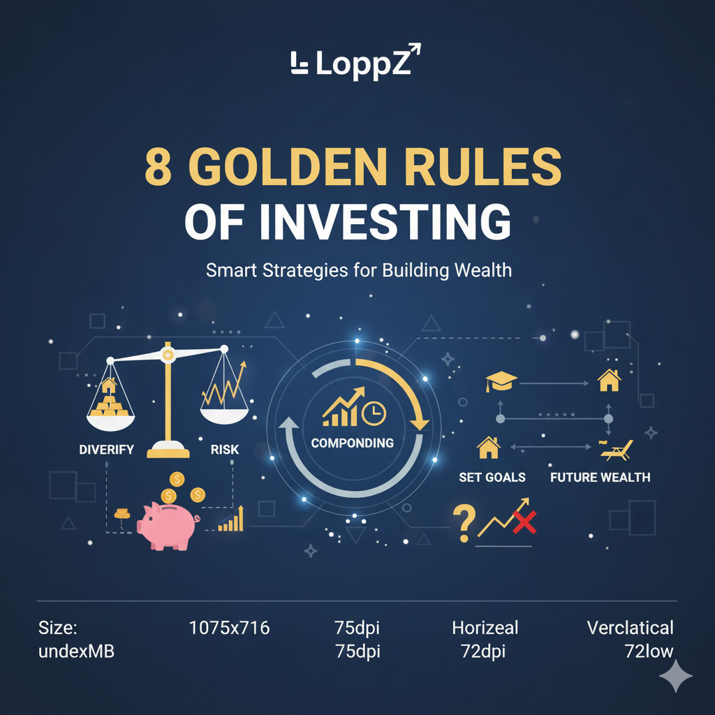 Infographic of 8 Golden Rules of Investing with scales, piggy bank, charts, and LoppZ logo.